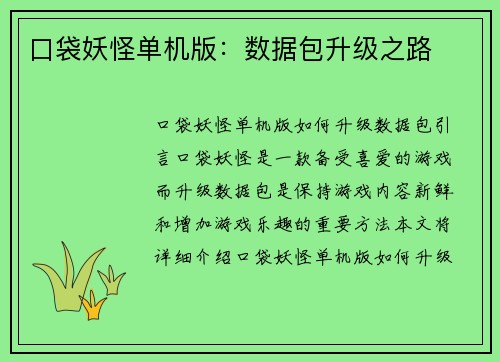口袋妖怪单机版：数据包升级之路