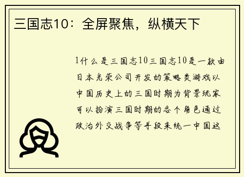 三国志10：全屏聚焦，纵横天下